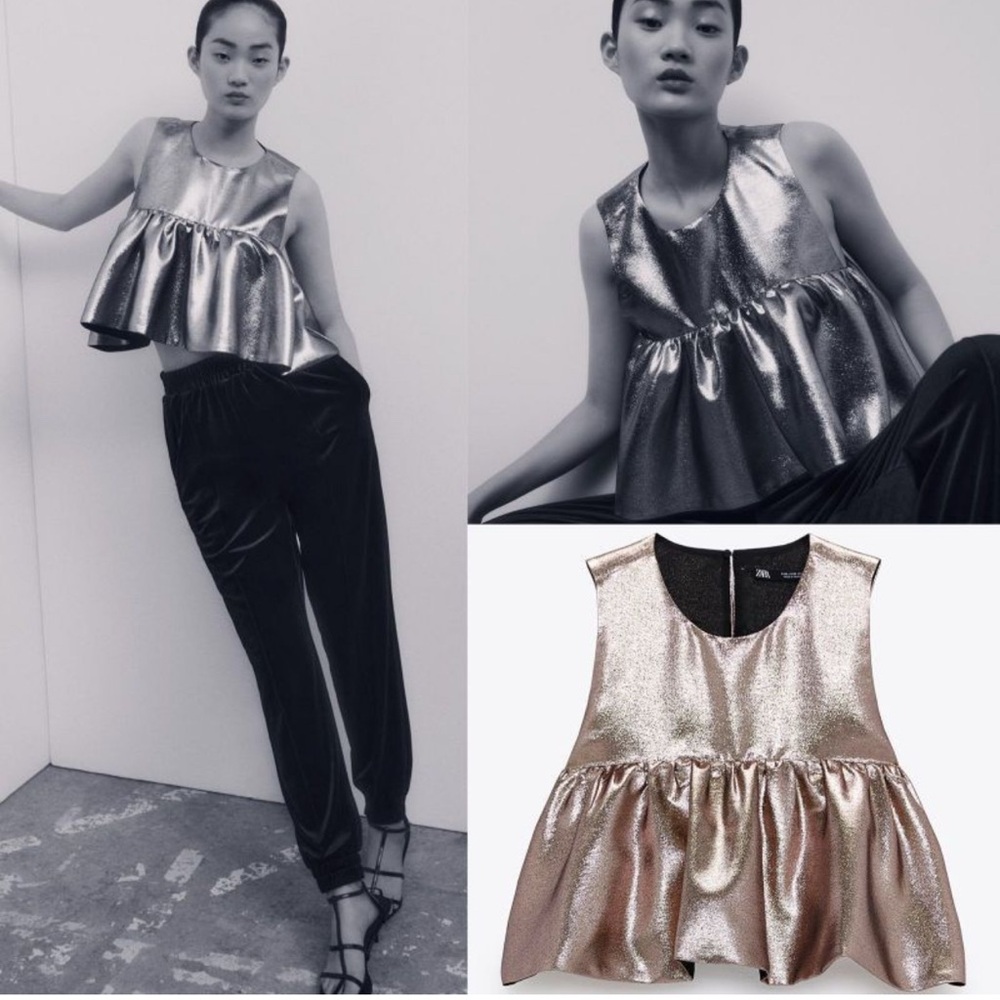 NWT ZARA Metallic crop Tank Top Gold shimmering women’s large festive